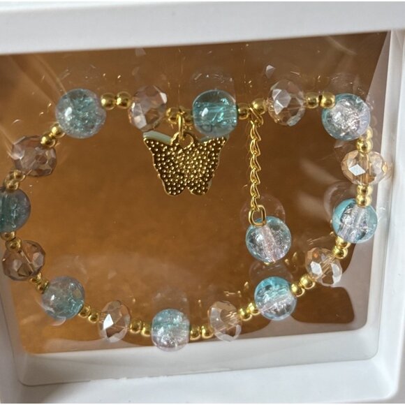 Blue & Gold Beaded Stretch Bracelet Butterfly Charm in 3D Floating Display Case - Picture 6 of 6